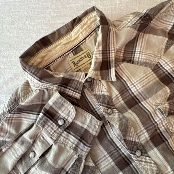 Roebuck & Co Mens XXL Western Snap Shirt 100% Cotton Long Sleeve Brown Plaid - Picture 1 of 8